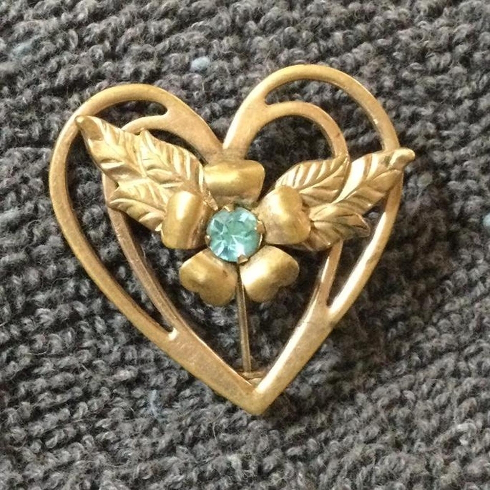 Vintage Gold Heart Brooch with Blue Rhinestone